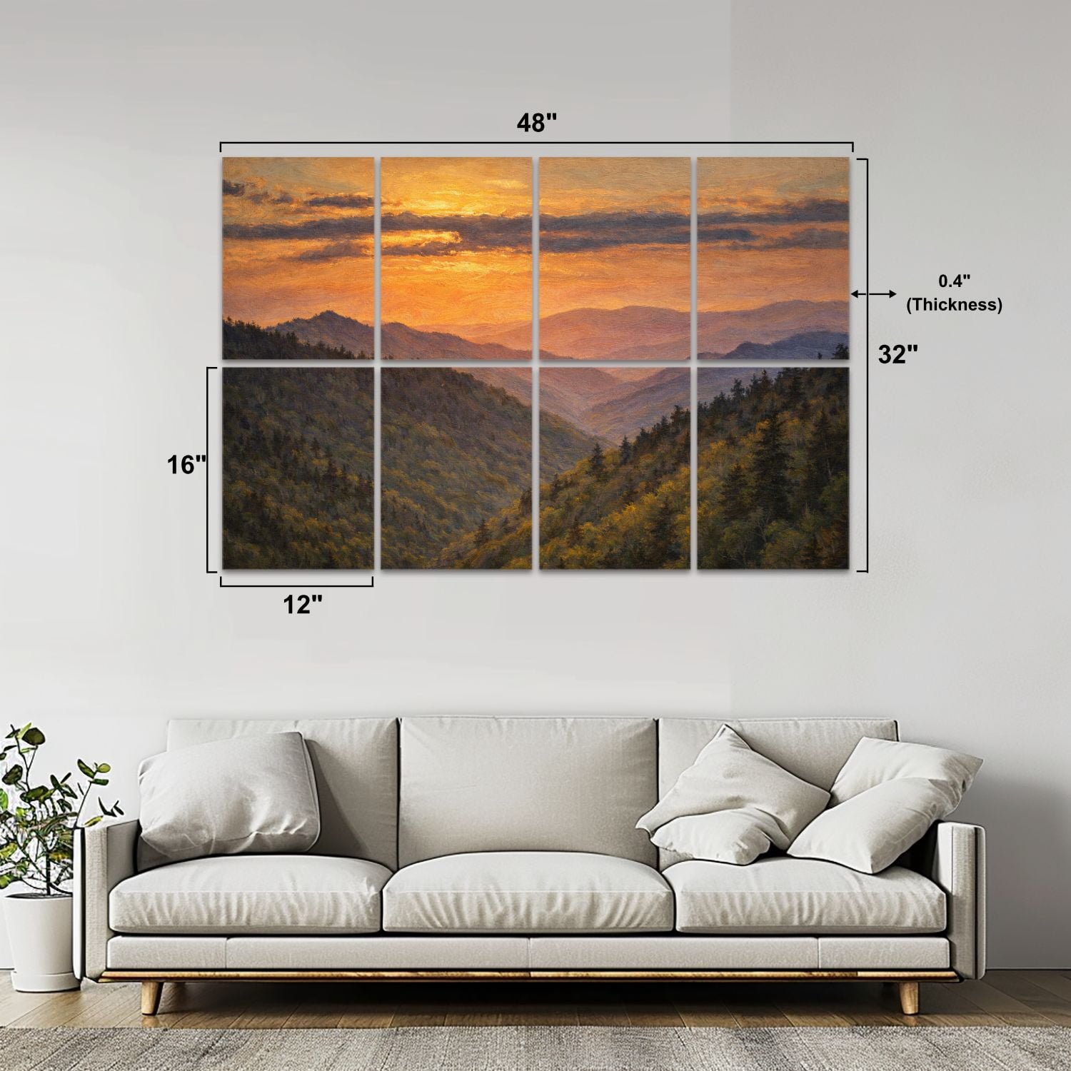 Rustic Farmhouse 8 Pack Art Acoustic Panels Sound Absorbing Gatlinburg Great Smoky Mountains National Park Scenic Sunset Decorative Soundproof Wall Panels Self Adhesive for Game Room Bedroom 48"x32"