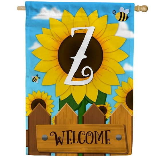 America Forever Spring Monogram House Flag Letter Z 28 X 40 inches Double Sided Vertical Outdoor, Yard, Lawn, Beautiful Bright Sunlowers, Floral Design, Honeybee, Summer Welcome House Flag
