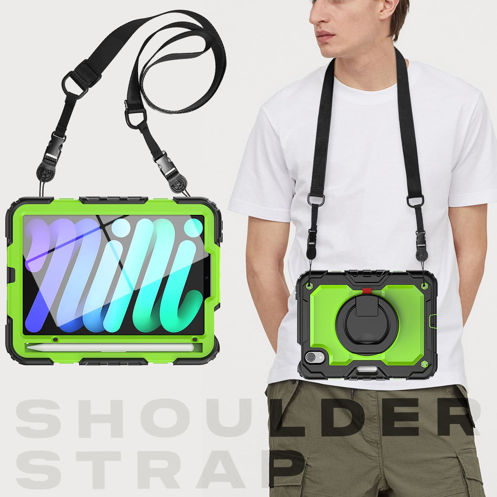 iPad Mini 6 Case 2021, Dteck 360 Rotating Heavy Duty Shockproof with Rugged Stand Pencil Holder for Kids Case for iPad Mini 6th Generation 8.3 Inch - Shoulder Strap, Screen Protector, B