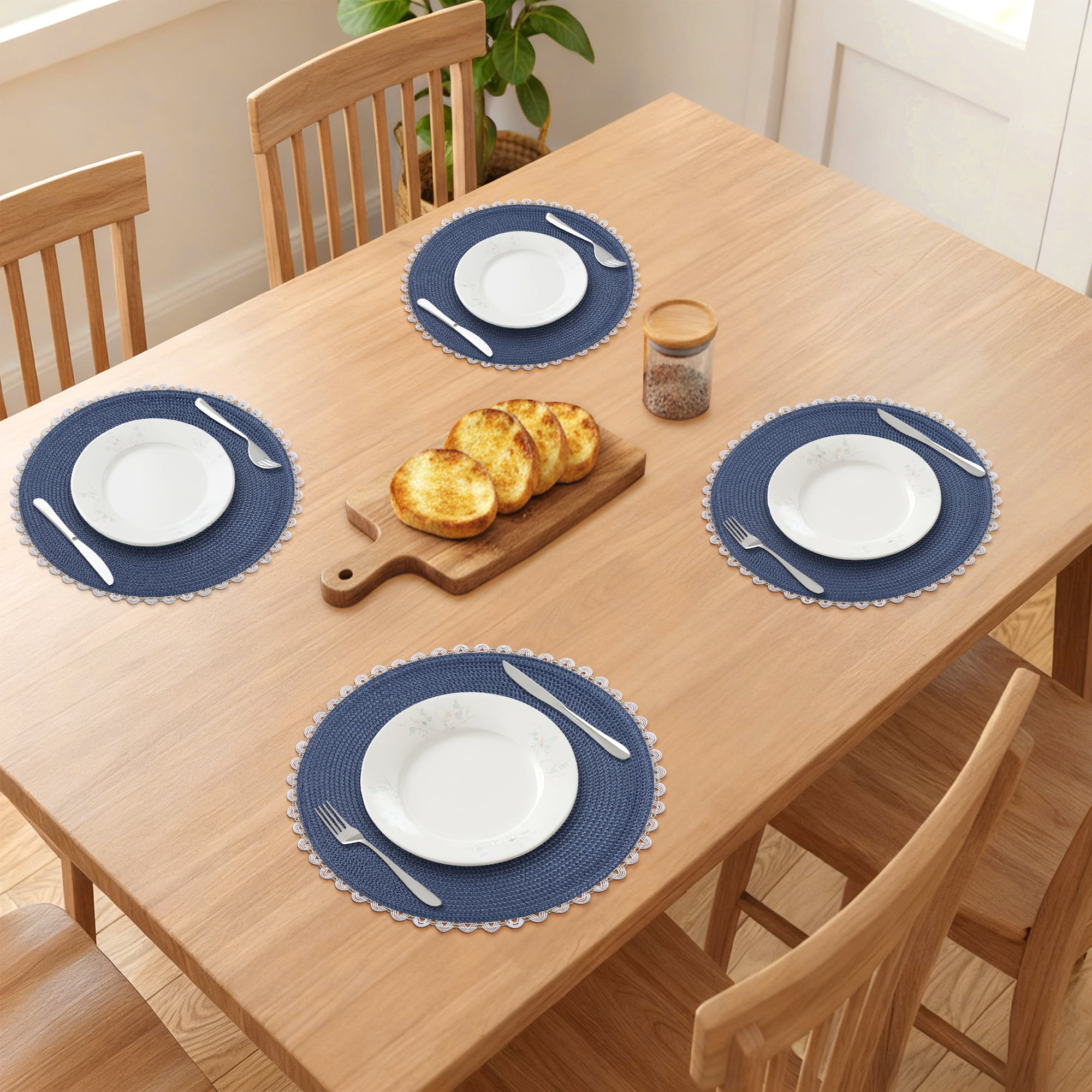 Unique Bargains Round Placemats Set of 6 Woven Table Mats Navy Blue 15.7x15.7inch