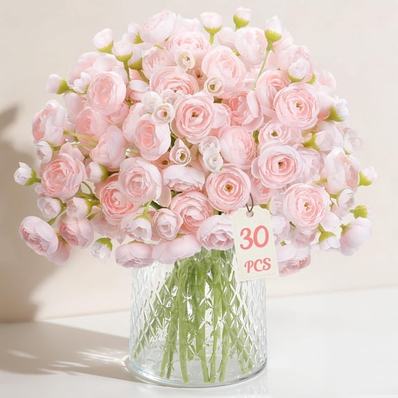 30Pcs Ranunculus Faux Silk Mini Ranunculus, Spring Flowers Artificial Indoor for DIY Bouquets, Bulk Fake Wedding Filler Flowers for Bride Shower Decorations, Shabby Blush