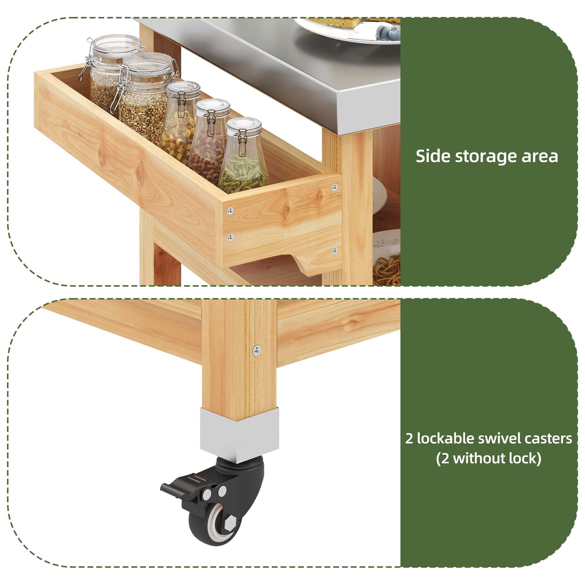 Uforic Wood Kitchen Storage Cart with Stainless Steel Table, Outdoor Grill Cart with Storage, Natural