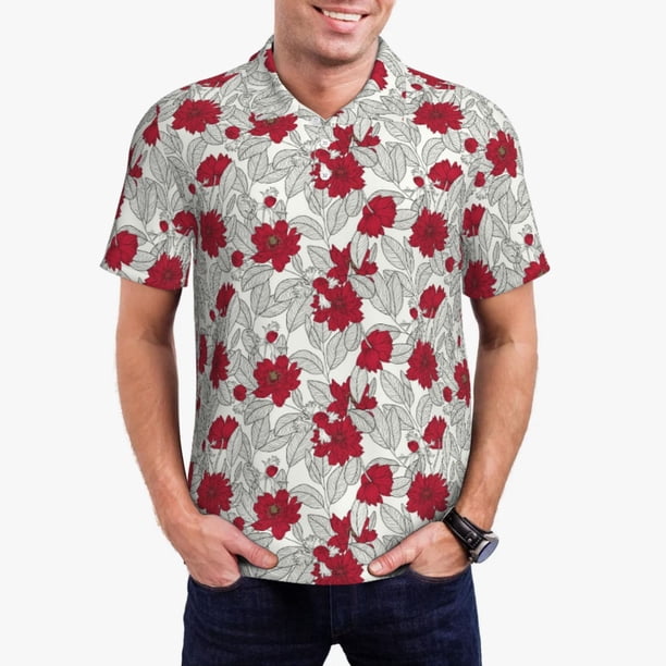 Fotbe Leaves And Anemone Flowers In Red Grey Camiseta Polo de Golf para Hombre con Estampado – Camisa Deportiva Transpirable con Cuello Abotonado-Medium