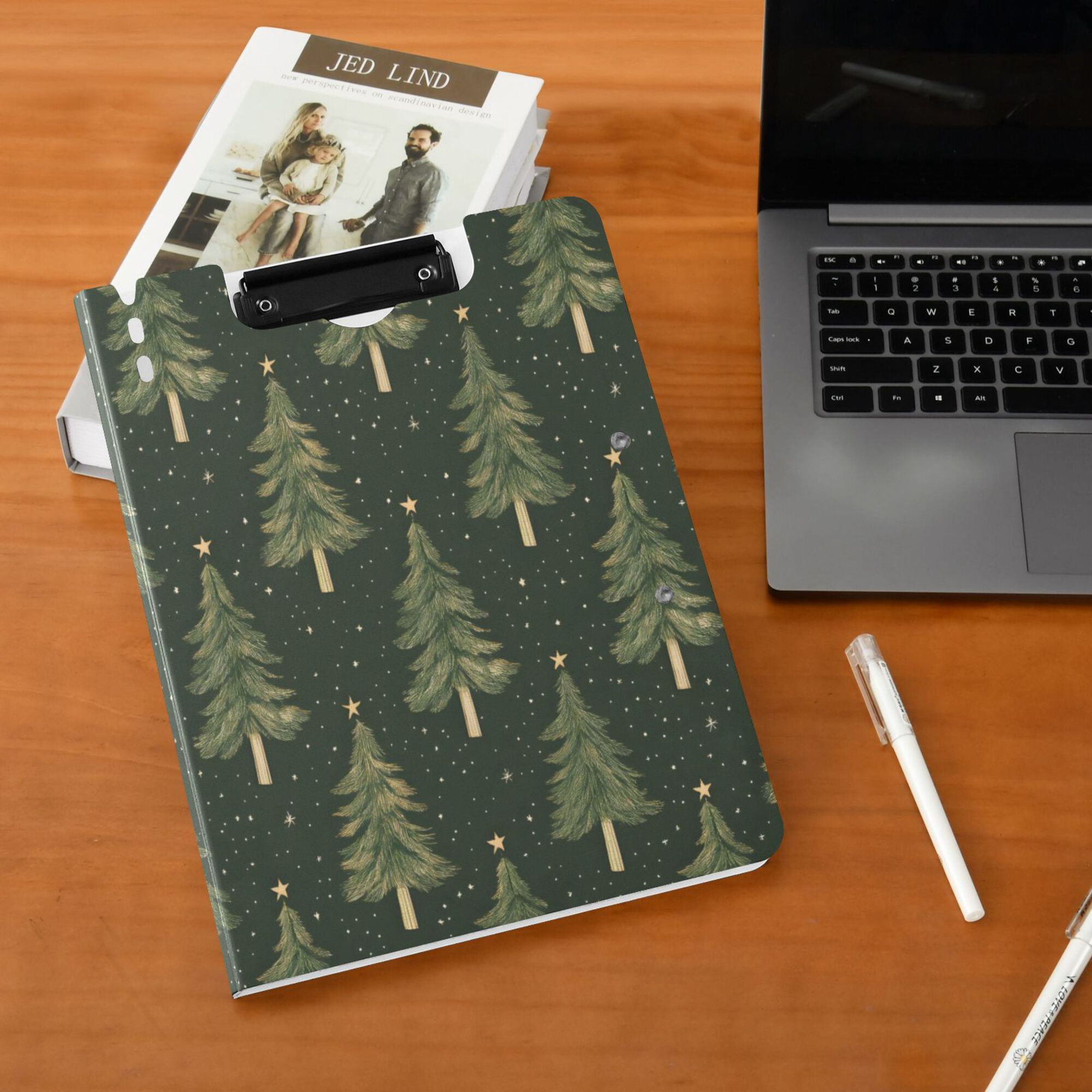 FORMRS A4 Clipboard Folder with Pen Holder Horizontal Foldable School Office Binder, Hand Drawn Christmas Trees