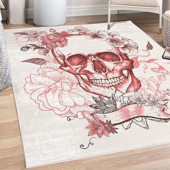 Grunge Decorative Rug, Skull and Flowers Day of the Dead Mexican Traditional Celebration Symbolic Art, Quality Carpet for Bedroom Dorm and Living Room, 6 Sizes, Dark Coral, by Ambesonne
