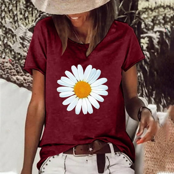 Vivianyo HD Women Top Clothes Plus Size Fashion Woman Causal Daisy Round Neck Printing Blouse Short Sleeve T-Shirt Summer Tops Flash Picks Wine