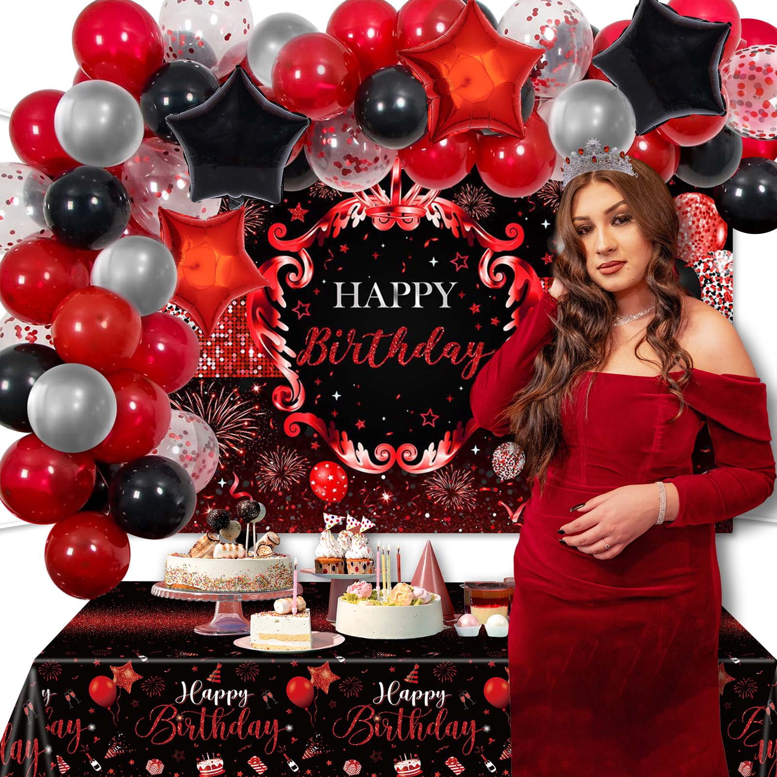 Mocsicka Red and Black Birthday Decorations Happy Birthday Backdrop 66 Pcs Balloons Set Red and Black Party Supplies for Men Women