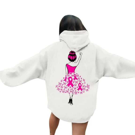 Fiaer,Women Cancer Sweatshirts Cancer Hoodies Pink Ribbon with Butterfly Graphic Plus Size Tops Cancer Awareness Support White XL