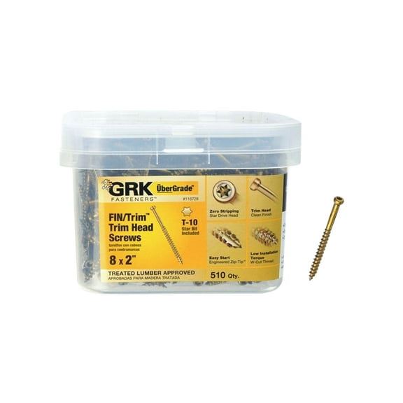 GRK Fasteners 116728 Finishing Screw, #8 Thread, 2 in L, Trim Head, Star Drive, Steel, 510 PK Yellow - pack of 510