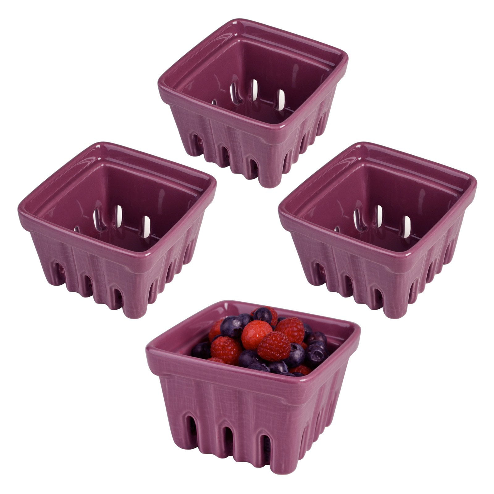 Set of 2 Assorted Colors 4 Ceramic Market Fruit Berry Basket Bowls