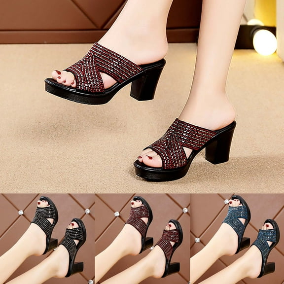 High Heels Chunky Heels Sandals for Women Open Toe Slip On Sandals Rhinestone Fish Mouth Casual Summer Sandals