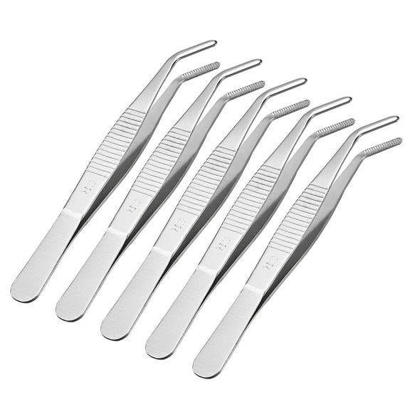 Unique Bargains 5 Pcs 5.5-Inch Stainless Steel Tweezers with Curved Serrated Tip