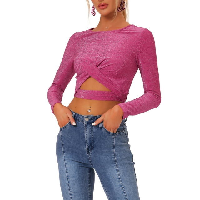 INSPIRE CHIC Haut Pailleté pour Femme Torsadé Ajusté à Manches Longues Découpé Court de Fête Scintillant L Rose Vif