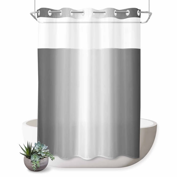 No Hook Shower Curtain for Bathroom, Grey Ombre Waterproof Hotel Quality Shower Curtains, Gray White Gradient Modern Abstract Art Single Layer & Mesh Top Washable Fabric Bath Curtain Decor 48''x72''