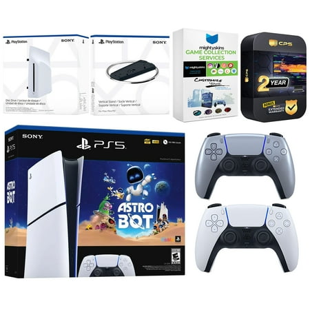 Sony PlayStation 5 Astro Bot Slim Digital Bundle with Disc Drive, Extra Controller, Vertical Stand, MightySkins Game Collection Services and 2 Year Extended Warranty - Sterling Silver