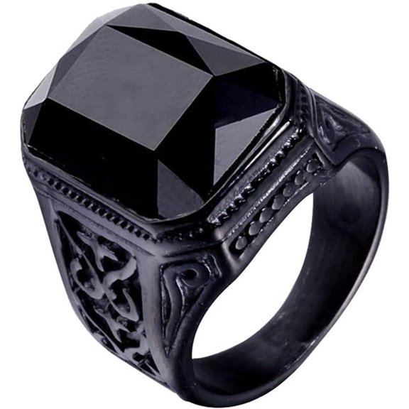 BQF Men Women Large Square Engraved Stone Ring, Stainless Steel Hip Hop Modern Rings