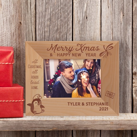 Merry Xmas & Happy New Year At Christmas, All Roads Lead Home Personalized Wooden Frame-5" x 3 1/2" Brown Horizontal