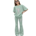 thumbnail image 2 of Caqnni 9-10 Years Teen Girls Tracksuit Short Sleeve Tops T Shirt And Flared Trousers Teenager 2 Piece Outfits Kids Sets For Teen Girls Running Tracksuit A30-Green, 2 of 5