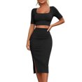 thumbnail image 2 of KIHOUT Women 2 Piece Summer Ribbed Outfit Square Neck Short Sleeve Cropped Top High Waist Slit Midi Bodycon Skirt Casual Matching Set For Club Party Dating, 2 of 8