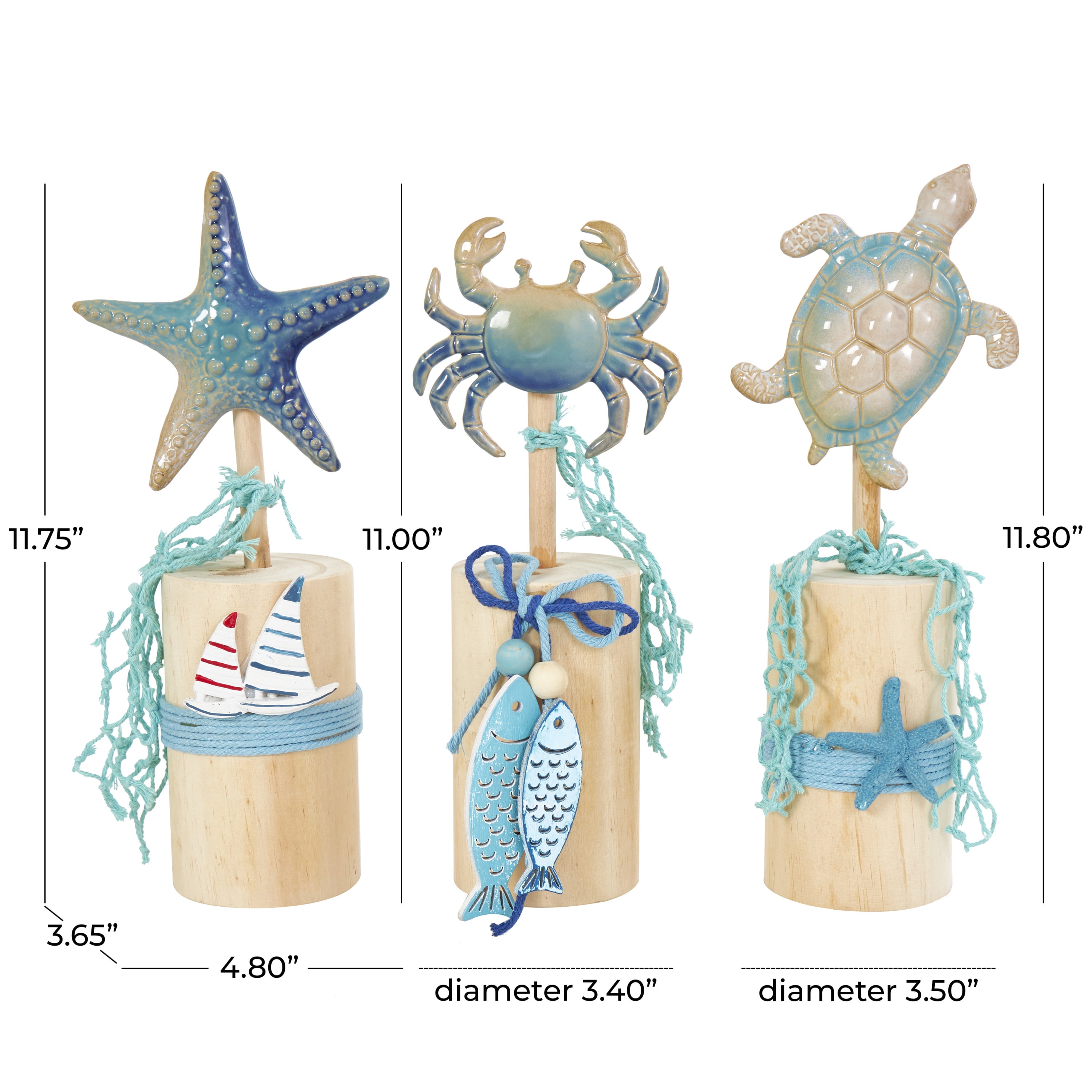 4"W, 12"H Blue Ceramic Handmade Ombre Sea Life Sculpture with Cylinder Block Bases and Netting Accents, by DecMode (3 Count)