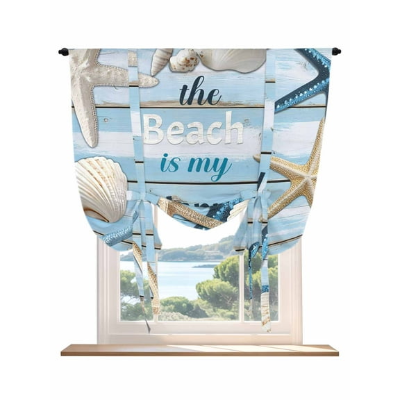 Coastal Starfish Tie Up Curtains for Windows 45 Inch Length Balloon Curtains Kitchen Adjustable Balloon Window Shade Ocean Nautical Seashells Blue Wooden Tie Up Bathroom Curtain Window 52"x45"