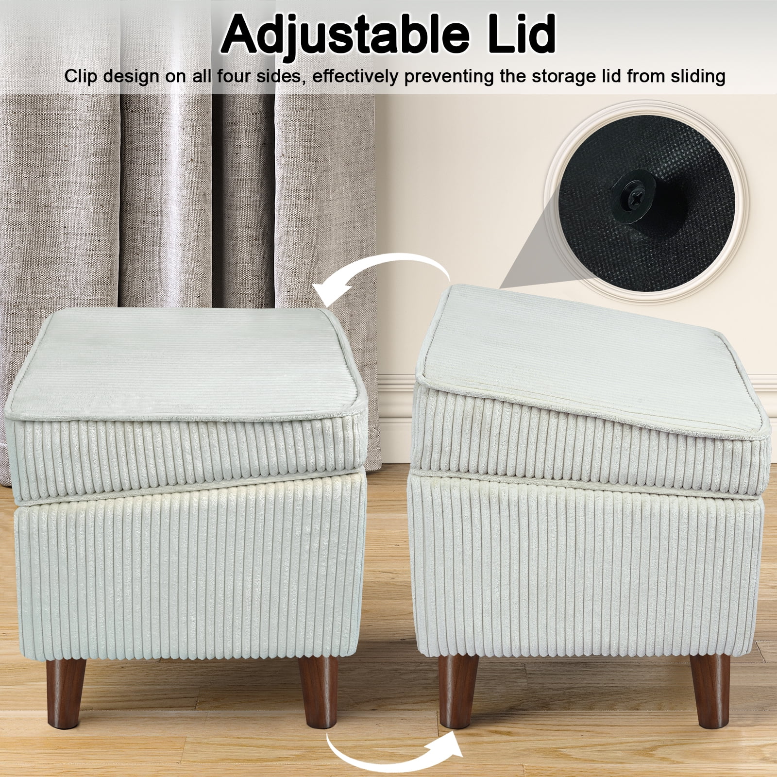 FAGAGA Large Storage Ottoman, Adjustable Foot Stool for Living Room, Step Stool Ottoman with Storage, Upholstered Corduroy Foot Rest for Bedroom, Dorm | Beige
