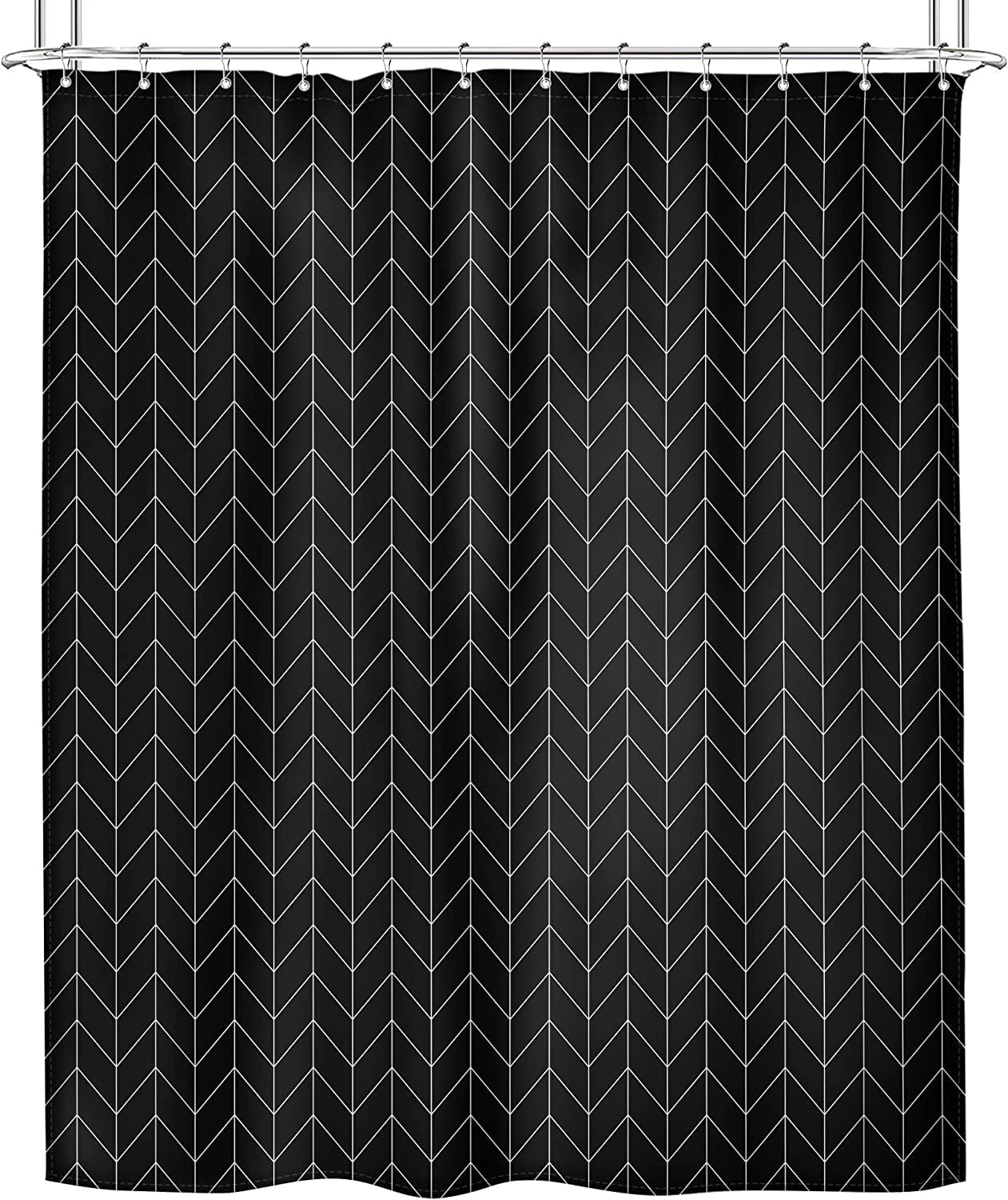 Herringbone Chevron Shower Curtain Extra Long 72x84 Inch Black Geometric Striped Modern Fashion Panel Decor Fabric Bathroom Set Polyester Waterproof 12 Pack Hooks