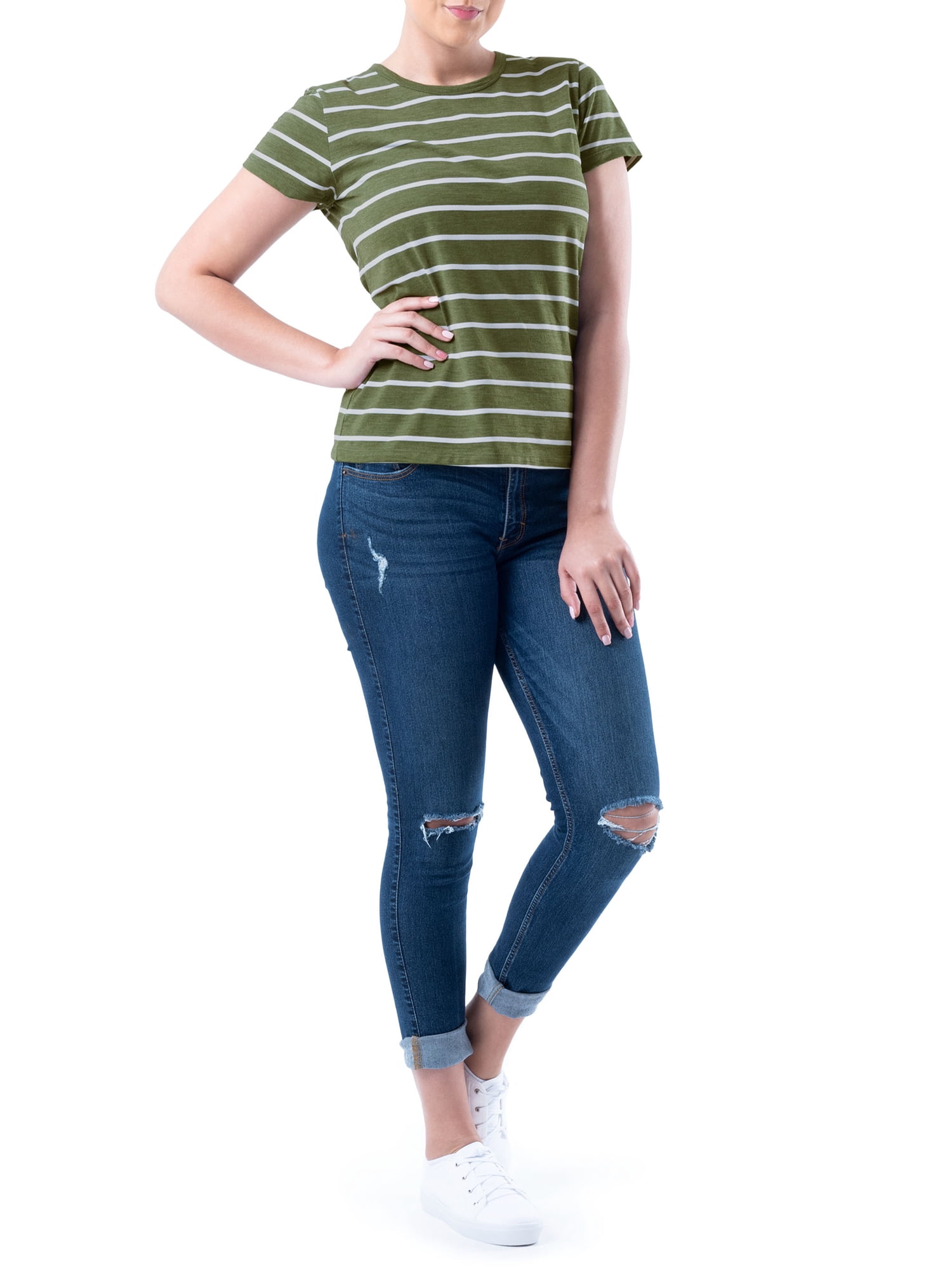Time and Tru Womens Striped Short Sleeve Slub Crew Neck T-Shirt, 2-Pack