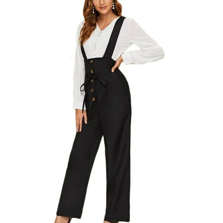 Women High Waist Casual Loose Pants Lace Up Suspender Trousers