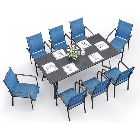 9-Piece Outdoor Patio Dining Set with 8 Stackable Dining Chairs, Metal Table with Umbrella Hole, 8-Person Patio Table and Chairs for Backyard, Poolside, Balcony and Garden Blue