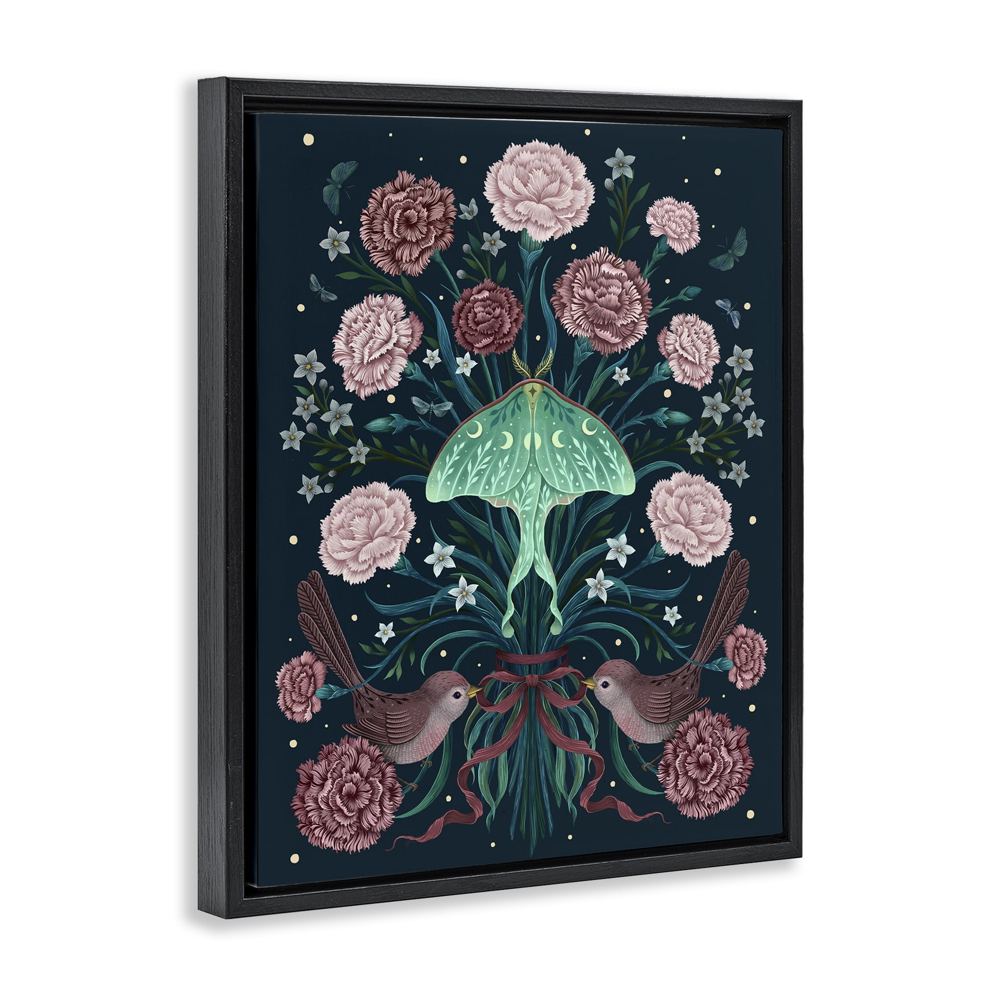 Stupell Industries January Carnations & Moth Black Framed Floater Canvas Wall Art, design by Episodic Drawings