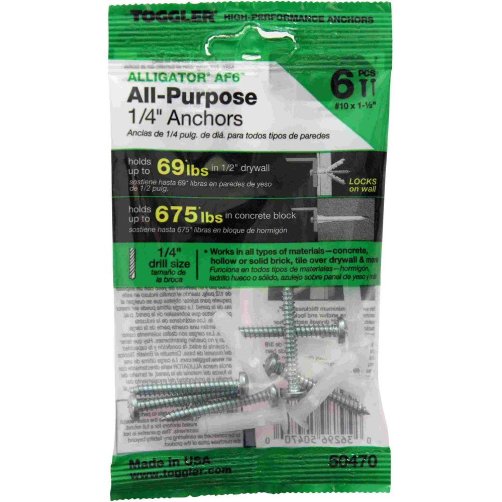 Toggler Alligator All Purpose Anchors, Af5Tm, 6Piece Bag of 3/16" Dia