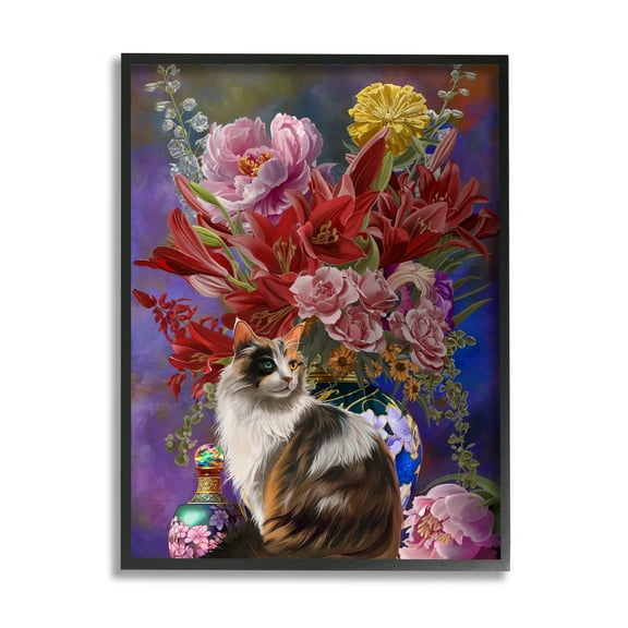 Stupell Industries Cat & Flower Chinoiserie Botanical & Floral Painting Black Framed Art Print Wall Art, 11 x 14