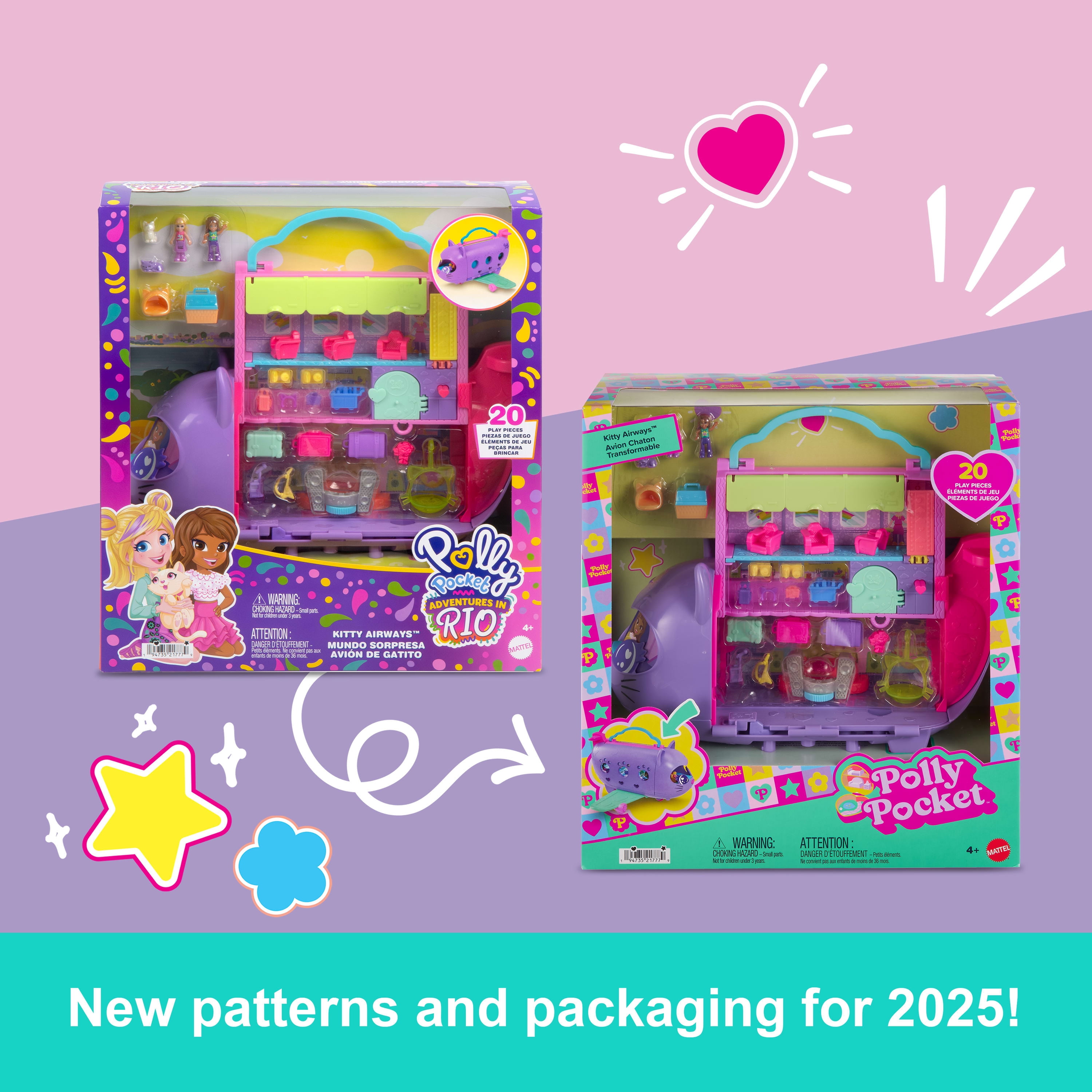 Polly Pocket Kitty Airways Playset with 2 Micro Dolls and Pet, Airplane Travel Toy with Accessories
