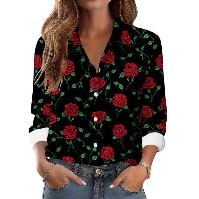TaTaai Ladies Button Down Shirt Long Sleeve Notch Collar Floral Print Casual Top Breathable Cotton Loose Fit Blouse for Spring Gift