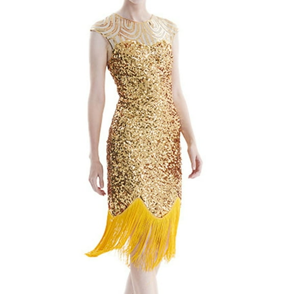 JBXKXYW Dresses for Women 2024 Women Tassel Prom Dresses Beaded Sequin Art Nouveau Deco Flapper Dress Womens Dresses (Yellow,S)
