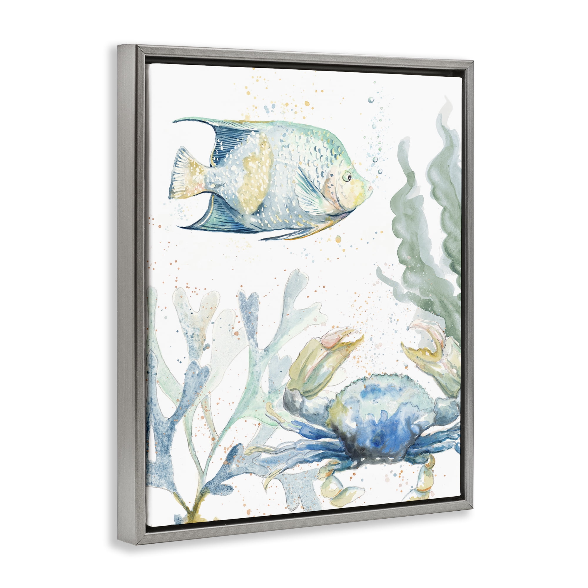 Stupell Industries Crab & Fish Scene Animals & Insects Painting Gray Floater Framed Canvas Art Print Wall Art, 17 x 21