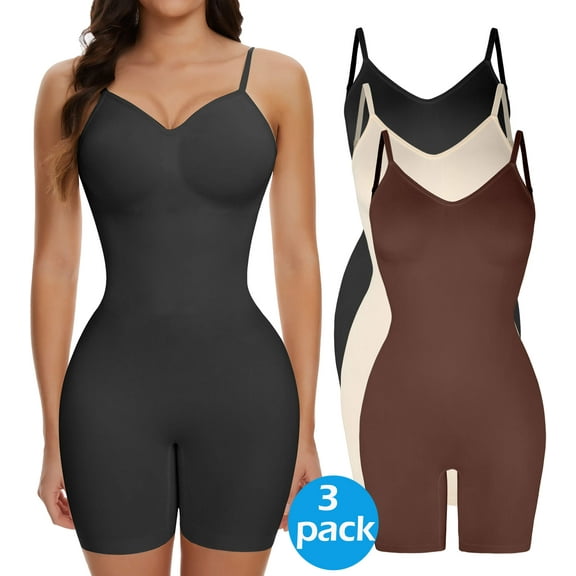 MANIFIQUE 3 Packs Low Back Mid Thigh Bodysuit Shapewear for Women Tummy Control Butt Lifter Backless Faja Body Shaper