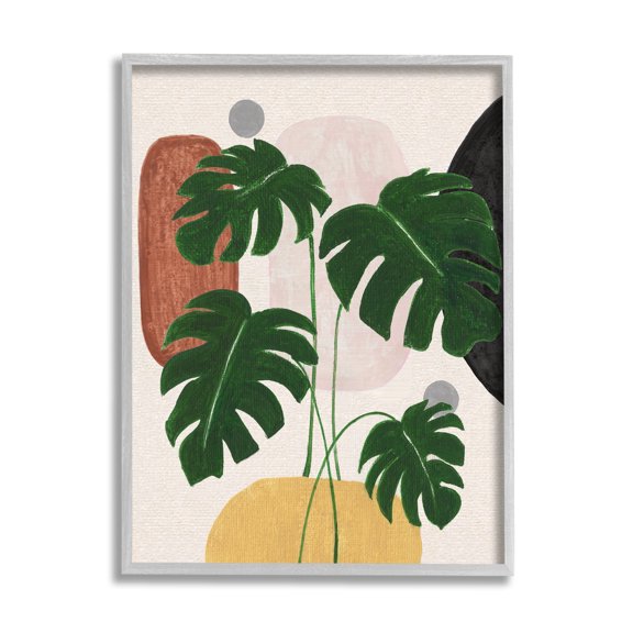 Stupell Industries Boho Monstera with Shapes Botanical & Floral Painting Gray Framed Art Print Wall Art, 16 x 20