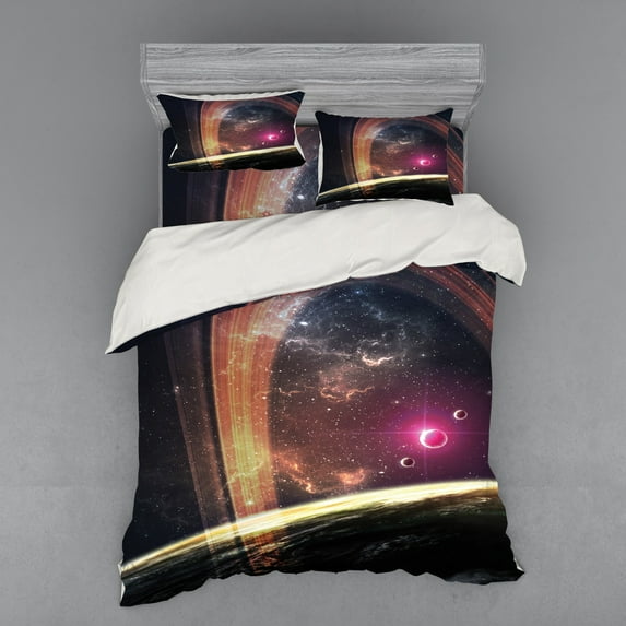 Ambesonne Galaxy Bedding Set 4 Pcs, Nabula Dust with Stars, Queen, Dark Grey Magenta