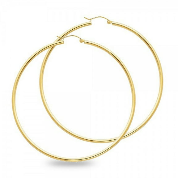 14k Yellow Gold Big Round Large Hoop Earrings Polished Finish French Lock Genuine Classic 65mm x 2mm