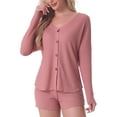 thumbnail image 1 of Conjunto de pijama de waffle para mujer INSPIRE CHIC, conjunto de lounge de punto, blusa de manga larga con botones y pantalones cortos, ropa de casa a juego XL Rosa, 1 of 6