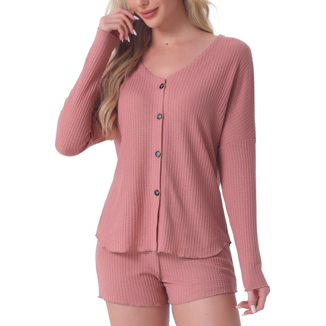 Conjunto de pijama de waffle para mujer INSPIRE CHIC, conjunto de lounge de punto, blusa de manga larga con botones y pantalones cortos, ropa de casa a juego XL Rosa