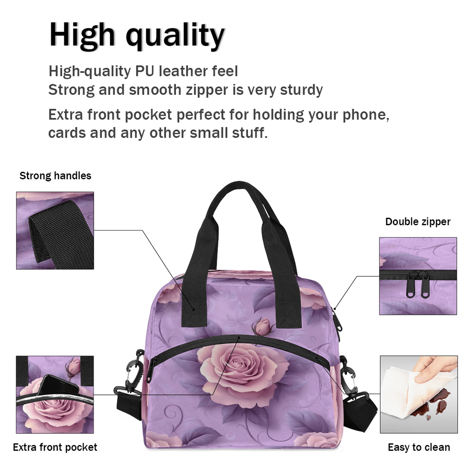 Herdesigns Rose Lunch Bag for Women Men Adult, Floral Large Insulated Reusable Lunch Box Leakproof Portable Cooler Tote Bags for Work Picnic Beach