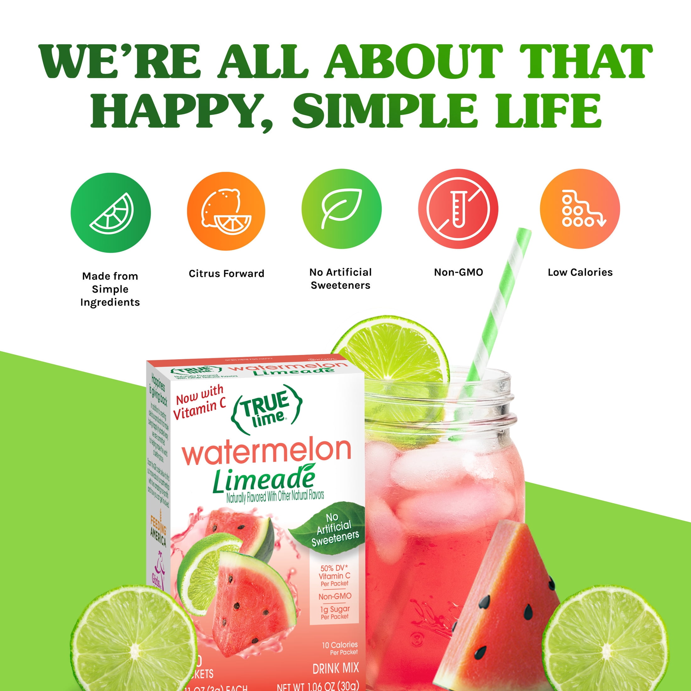 True Lime Watermelon Limeade Drink Mix Powder, No Artificial Sweeteners, 1.06 oz.Packet, 10 Count Box