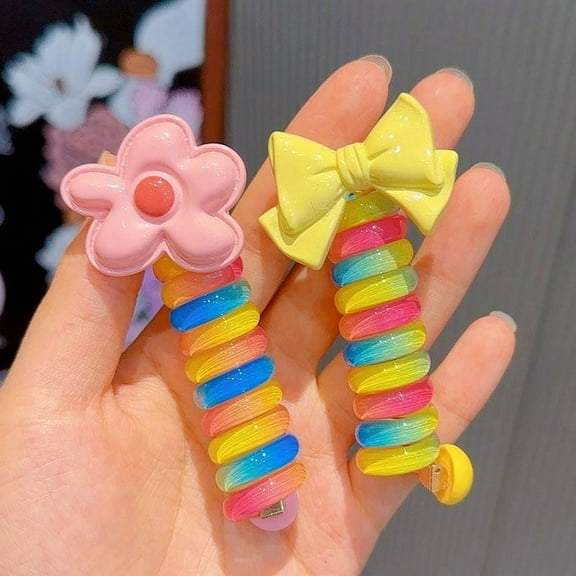 2Pcs Colorful Telephone Wire Hair Bands for Kids, Spiral Ties Braided Telephone Cord Hair Bands Hair Accessories for Girls Women, Bowknot Braided phone Wire Hair Ties