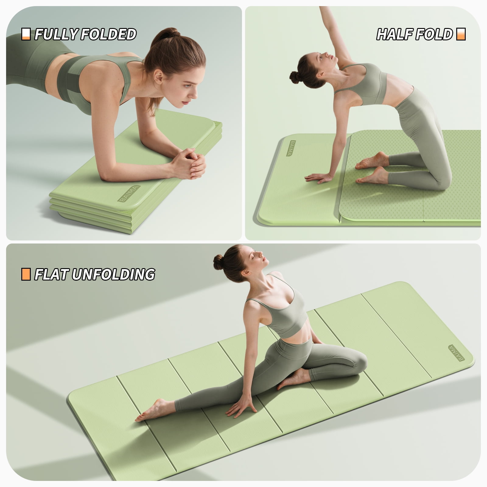 BAIMA Foldable Yoga Mat 10mm Thick , Workout Mats for Home Gym , Pilates,Quick Unfold/Stor,Non-Slip Surface,3.5lbs(Green)