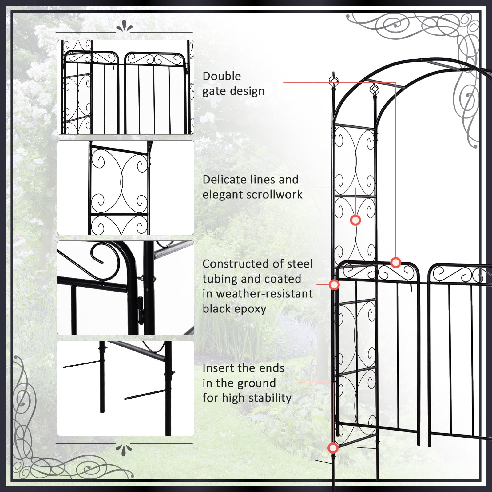 84" Garden Arch Arbor with Gate, Metal Arch Trellis, Garden Archway for Climbing Vines, Wedding Ceremony Decoration, Flourishes & Arrow Tips, Black