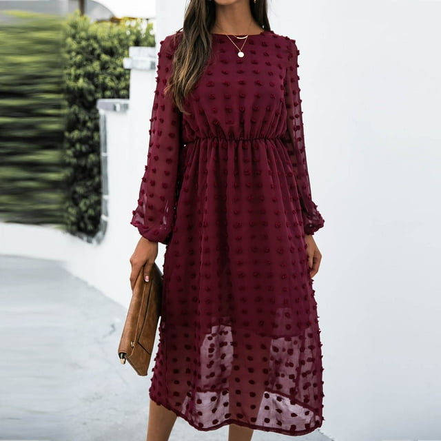 Offre du Jour! Aqestyerly Robe Décontractée Mode Femme Col Rond Couleur Unie Manches Longues Longueur Genou