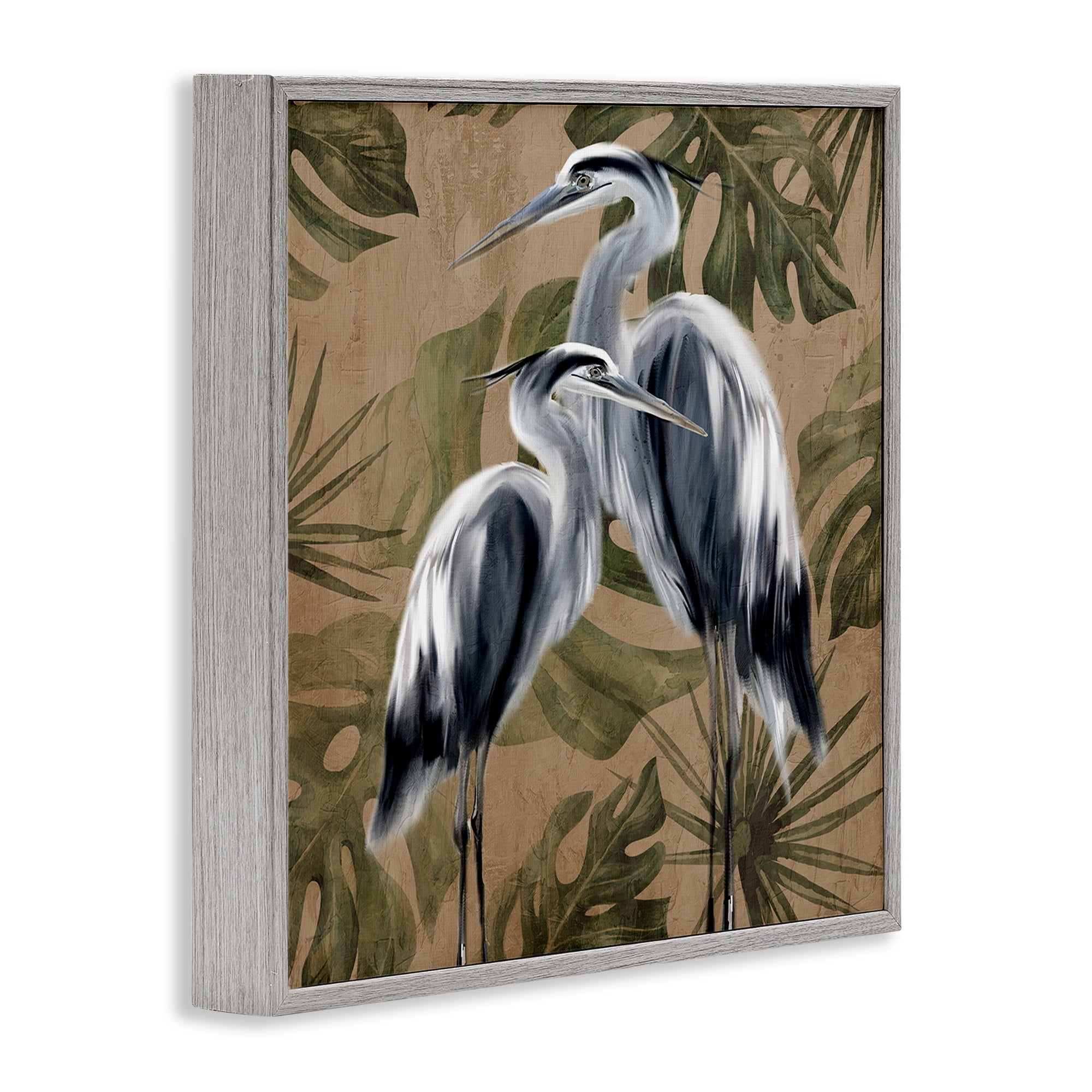 Stupell Industries Two Herons over Tropical Leaves Gray Framed Giclee Art, design by Kim Allen